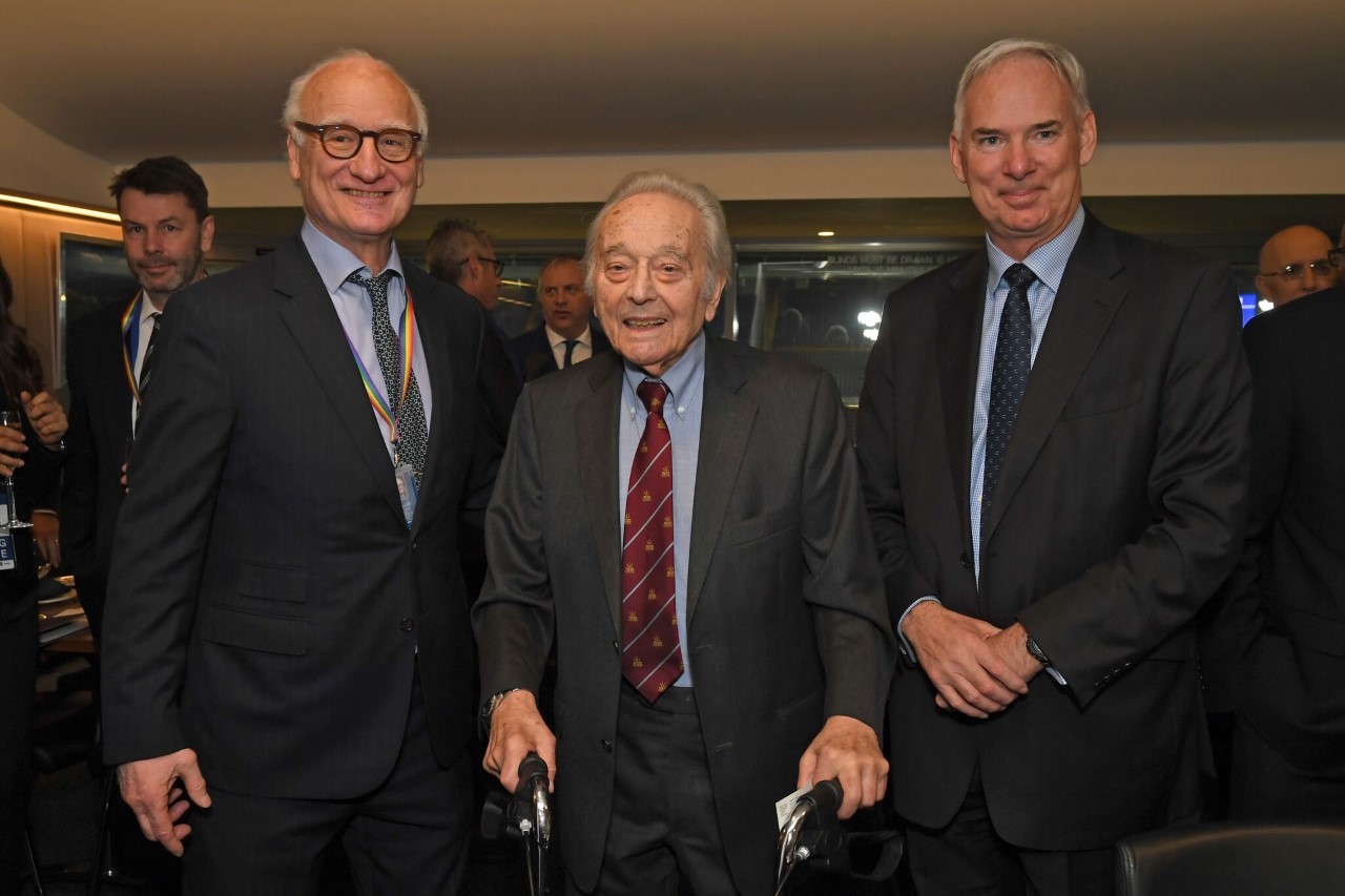 Bruck Buck, Chelsea FC chairman, World War Two RAF veteran Lawrence Seymour Benny Goodman, and Sir Andy Pulford, chairman of the RAF Museum