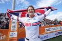 Britain's Bethany Shriever reacts after winning the BMX Racing women's elite final