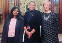 Campaigners: Rupa Huq, left, with Conservative peer Baroness Sugg and Labour MP Stella Creasy