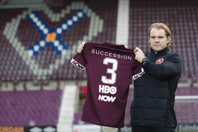 Manager Robbie Neilson unveils the Waystar Royco sponsored shirt  as the fictional company takes over Edinburgh's Hearts F.C. to celebrate the season 3 premiere of NOW TV's Succession
