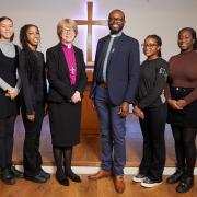 Welcome to the capital: Canon Lusa with the Bishop of London, Sarah Mullally, and Twyford students