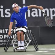 NOTTINGHAM, ENGLAND - JULY 14: Andy Lapthorne of Great Britain plays against Donald Ramphadi during day three of the British Open Wheelchair Tennis Championships at Nottingham Tennis Centre on July 14, 2022 in Nottingham, England. (Photo by Nathan Stirk)