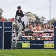 Kitty King riding Vendredi Biats during showjumping phase of the Land Rover Burghley Horse Trials.