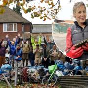 Mucky work: Mel Giedroyc (inset) weighed in with clean-up volunteers in Queensbury Road