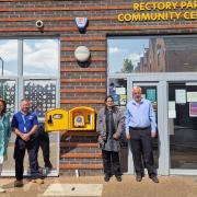 Potential life-saver: the defibrillator, on an outside wall of Rectory Park centre